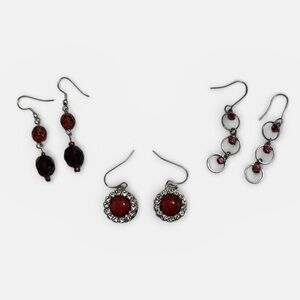 Red and Silver Dangle Earrings Collection - 3 Pairs